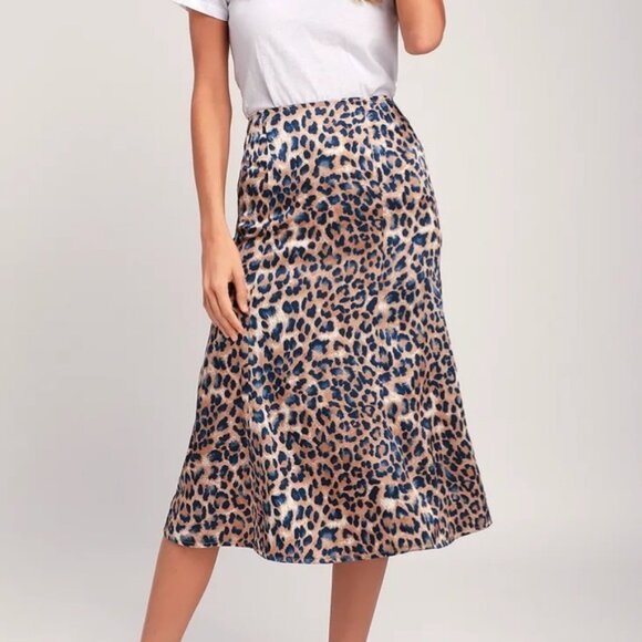 Lulus Dresses & Skirts - Lulu's Satin Tan and Navy Blue Leopard Print Midi A-line Skirt